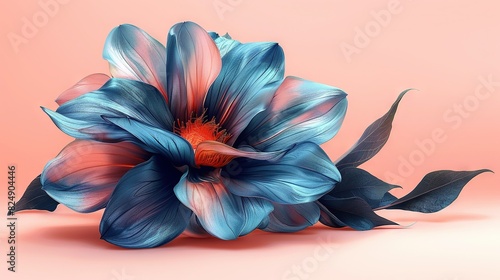   A blue flower with pink and blue petals on a pink background, featuring a red center and two green leaves at its base photo