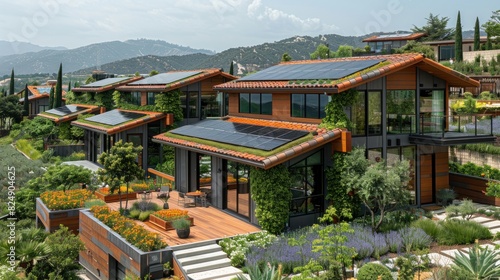 An aerial view of a corporate campus with solar panels, green roofs, and community gardens