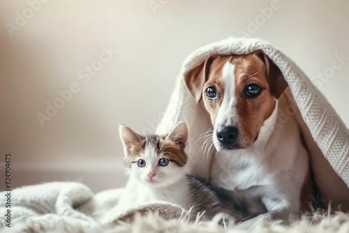 A dog and cat hiding together under a blanket. The domestic setting emphasises their relaxed and cozy interaction. Horizontal. Space for copy. © Mark G