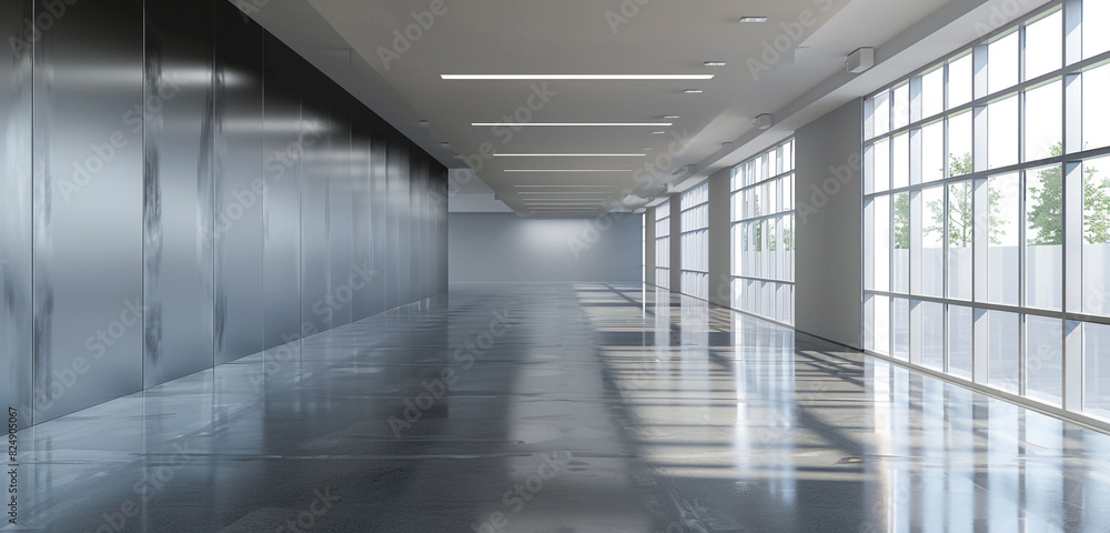 Spacious gallery hall with steel gray wall, glossy concrete floor, and bright windows. 3D rendering, mockup.