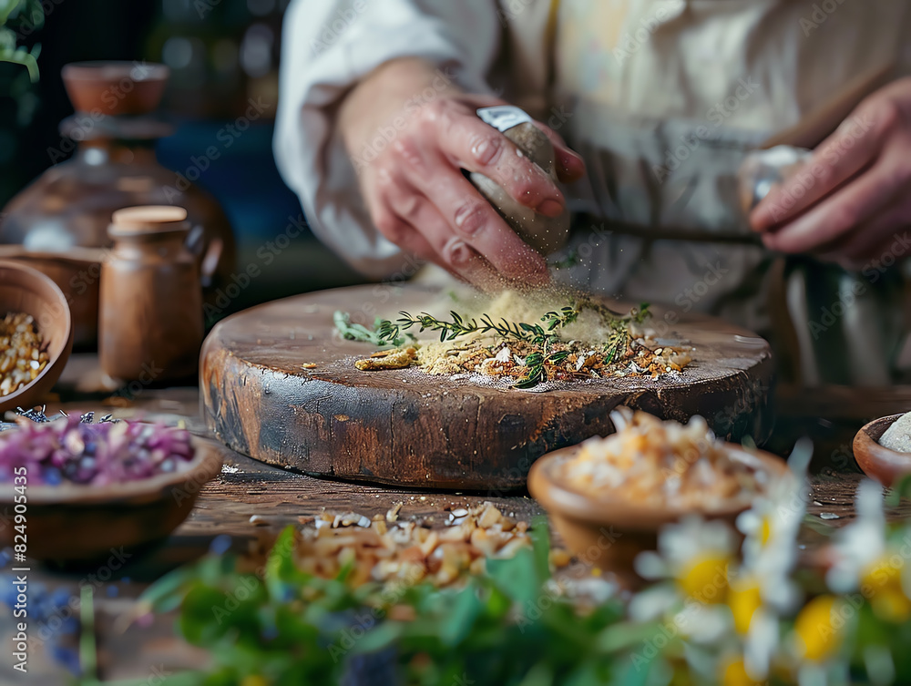 Remedy ingredients being mixed in a traditional apothecary setting