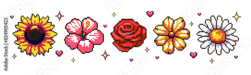 A set of 8-bit elements of summer flowers in pixel graphics. The style of the 80-90 digital vintage game. Sunflower, chamomile, rose, hibiscus. Vector illustration.