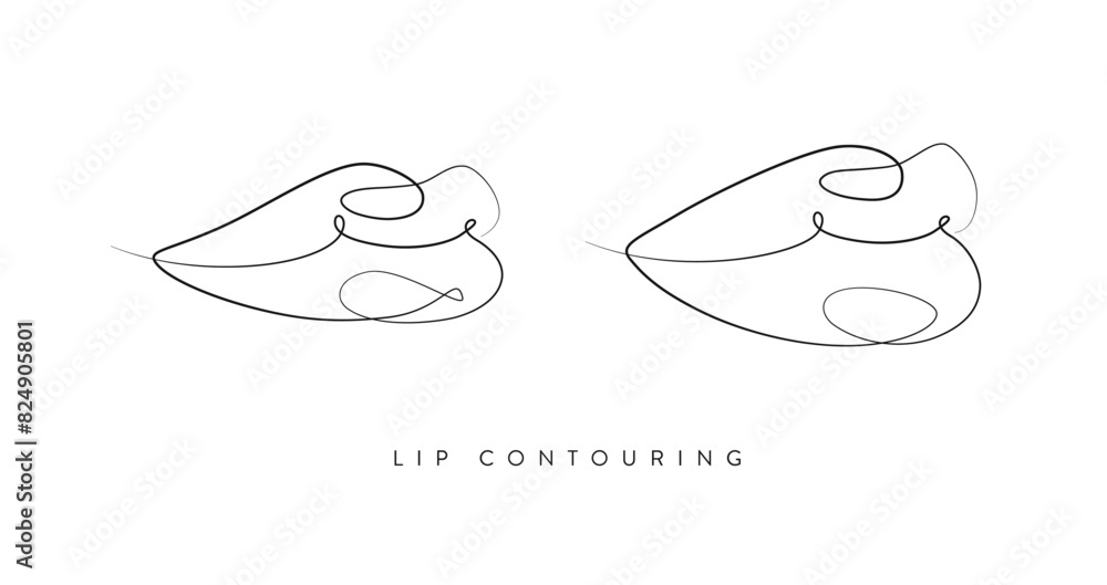 Pair of lips with contouring drawing in linear style on white background