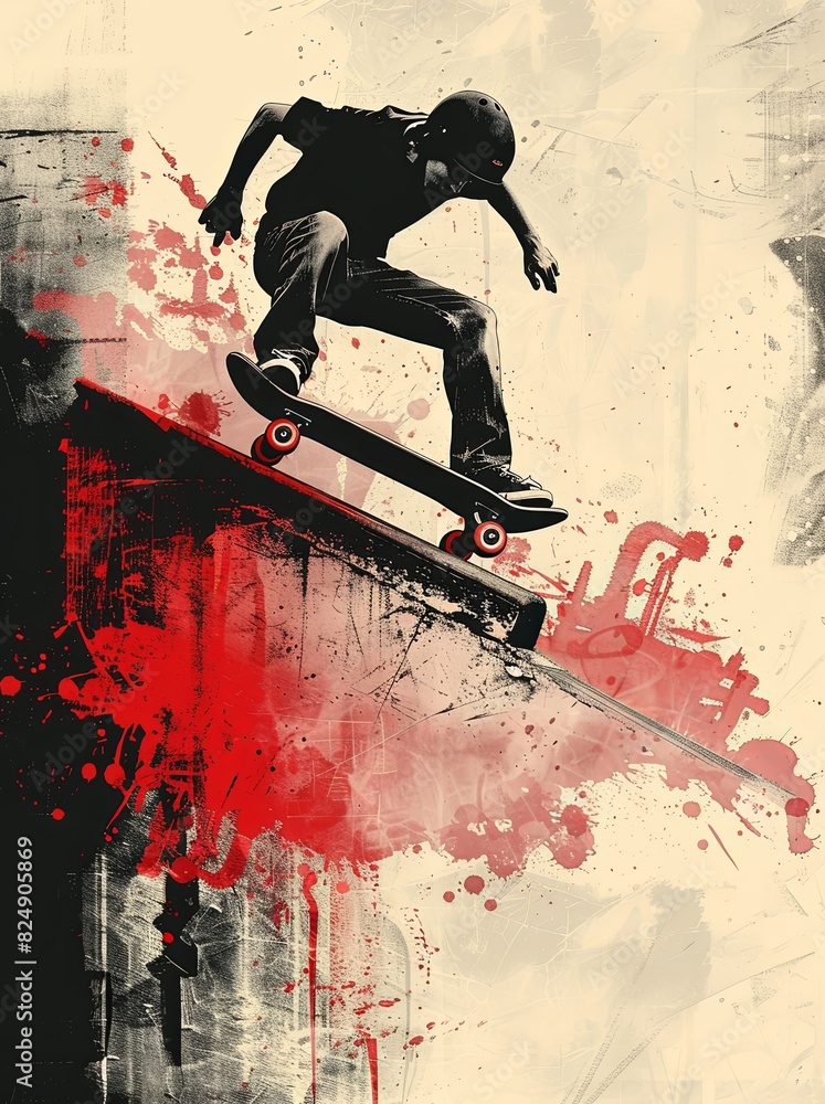Naklejka premium Poster. Sketch art-style illustration. skateboarder captured in a moment of action as they ride down ramp.