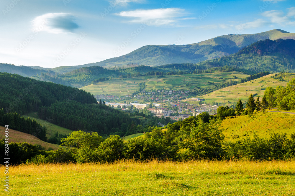 countryside area with rolling hills in carpathian mountains at sunrise. beautiful summer landscape meadows and forest of Volovets district, Ukraine. mountain Velykyi Verkh is seen in the far distance