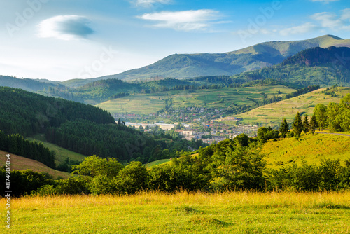 countryside area with rolling hills in carpathian mountains at sunrise. beautiful summer landscape meadows and forest of Volovets district, Ukraine. mountain Velykyi Verkh is seen in the far distance