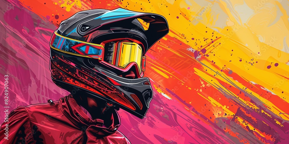 Fototapeta premium Person wearing motocross helmet and goggles against colorful, vibrant background with negative space to insert text.