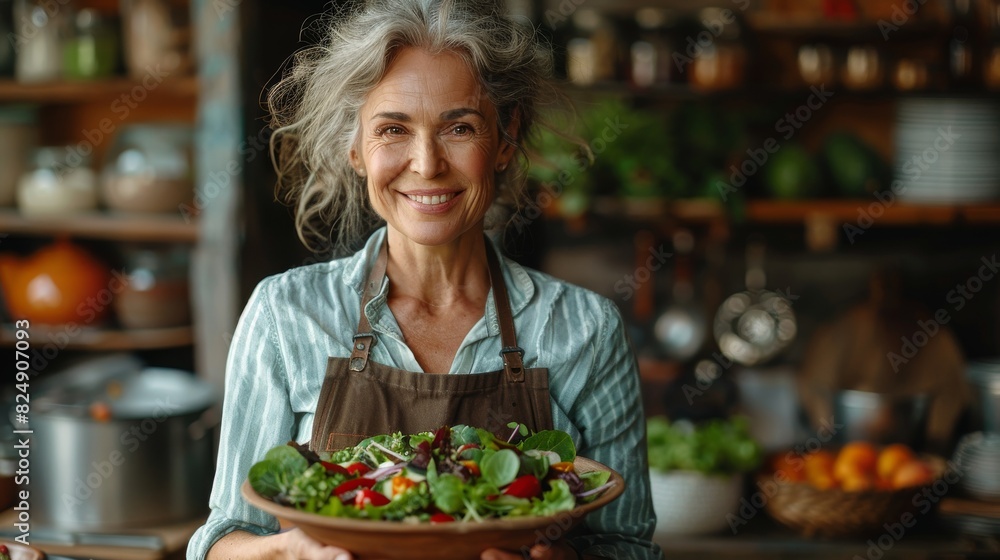 A cheerful mature woman wearing an apron presents a healthy bowl of fresh salad in a rustic kitchen setting