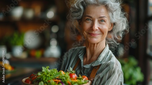 Joyful elderly woman with gray hair presenting a healthy bowl of mixed salad greens and vegetables © familymedia