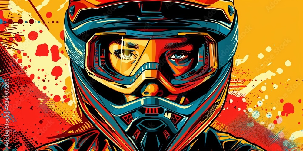 Fototapeta premium Woman wearing motocross helmet and goggles against striking and vibrant graphic background. Drawn illustration.