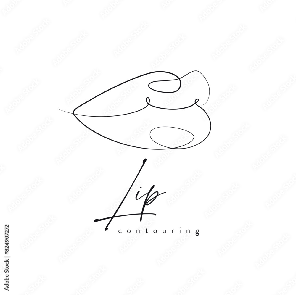 Lips with contouring drawing in linear style on white background