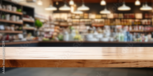 Abstract blurred of department store with empty wooden table counter background. Template for product display. Copy space.