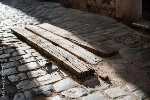 Close-Up of Broken Wooden Barrier on Pamplona Cobblestone Street