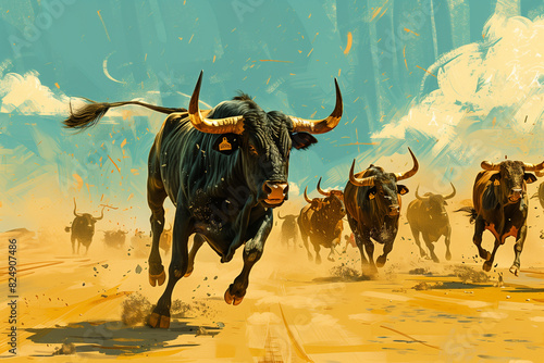 Running of the Bulls, Herd Charging Across Desert with Blue Sky photo