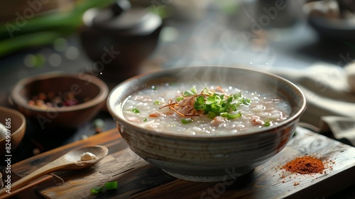 A bowl of Chinese congee with a cup of green tea photo