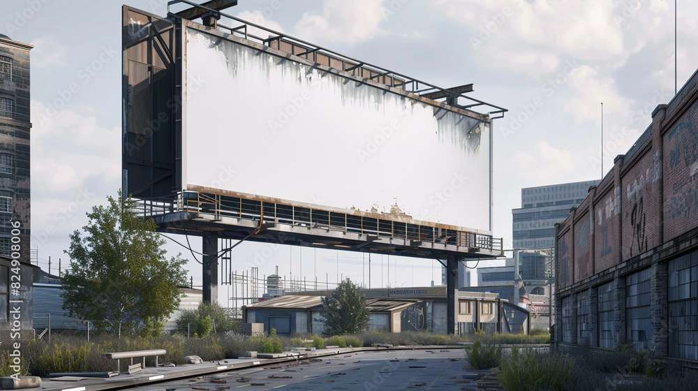 Industrial warehouse district with a large blank billboard, 3D rendered, for urban-style ads. Industrial warehouse district with a large blank billboard, 3D rendered, for urban-style ads.