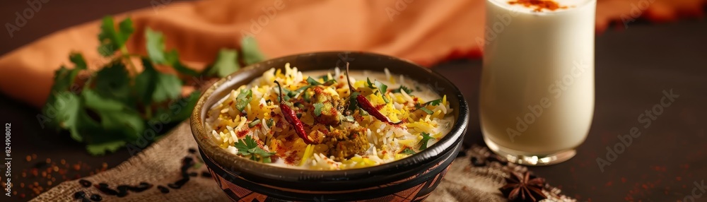 A bowl of Indian biryani with a glass of lassi