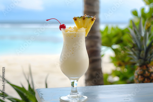 A freshly made piña colada topped with a cherry and a slice of juicy pineapple on a table by the beach