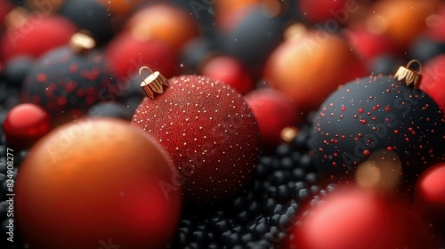   A cluster of red and black ornaments perched atop a mound of intermingled red and black balls stacked upon one another photo