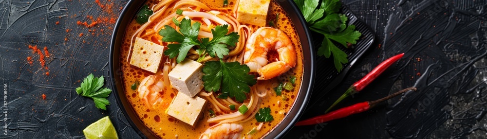 A bowl of laksa with rich coconut broth, shrimp, tofu, and noodles in a Malaysian food market A bowl of laksa with rich coconut broth, shrimp, tofu, and noodles in a Malaysian food market