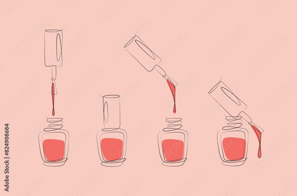 Nails polish bottles and brushes drawing with pink color in linear style on peach background