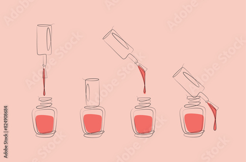 Obraz na płótnie Nails polish bottles and brushes drawing with pink color in linear style on peach background w salonie