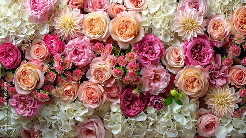   A wall of pink and white flowers is adorned with an arrangement of pink and white flowers
