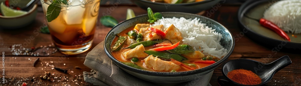 A bowl of Thai green curry with jasmine rice and a glass of Thai iced tea A bowl of Thai green curry with jasmine rice and a glass of Thai iced tea