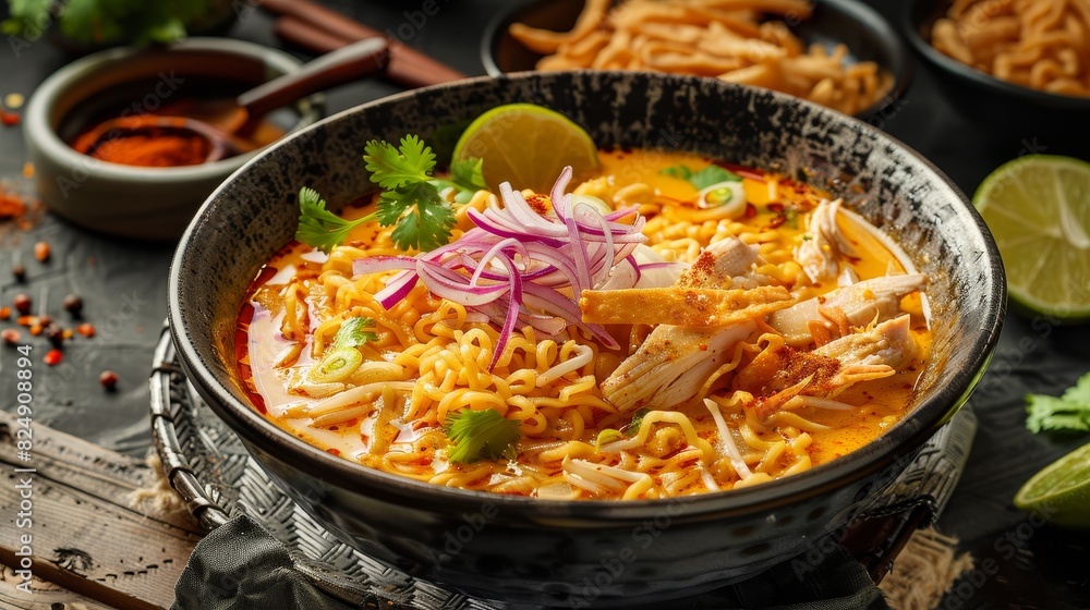 A bowl of Thai khao soi with curry noodles, chicken, and crispy wonton strips in a rustic Thai kitchen A bowl of Thai khao soi with curry noodles, chicken, and crispy wonton strips in a rustic Thai kitchen
