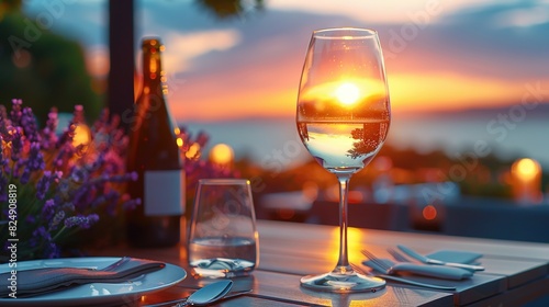   A wine glass resting atop a table beside a wine bottle and a water glass