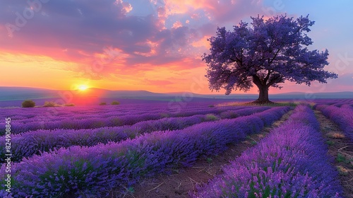  A lavender field with a solitary tree in the foreground and the sun descending beyond the horizon in the backdrop