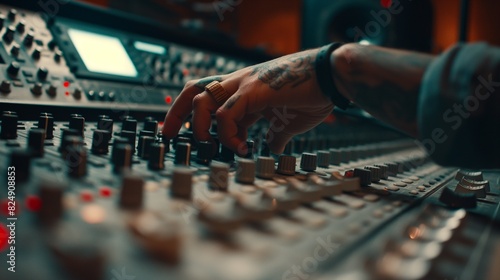 recording studio scene where a music producer from a diverse background mixes tracks. Focus on the mixing console and the producer’s hands, with the artist in the booth blurred