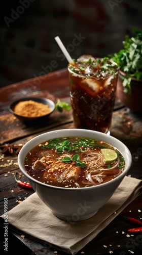 A bowl of Vietnamese pho with a glass of iced coffee