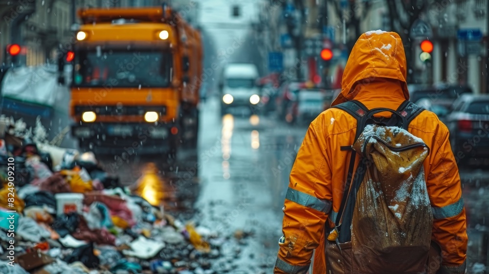 A person stands amidst urban decay and rain, facing away from the camera in reflective orange rainwear