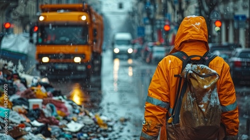 A person stands amidst urban decay and rain, facing away from the camera in reflective orange rainwear