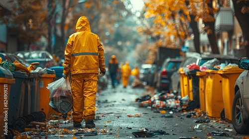 A sanitation worker in a high-visibility yellow suit walks past bins of sorted recyclables on a messy street photo