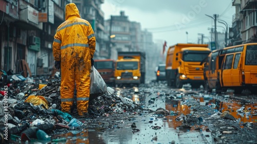 A sanitation worker in yellow protective clothing cleans a litter-strewn, waterlogged urban street photo