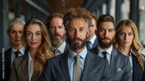 A confident group of business professionals standing in a row inside an office building