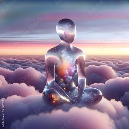 cosmic meditator, transparent glass like figure assumes a meditative pose, against a backdrop of pink and purple clouds, it invokes a sense of inner peace and universal connection  photo