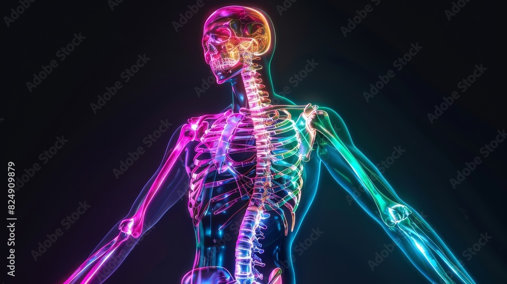 The image shows a human skeleton with a glowing effect The image shows a human skeleton with a glowing effect