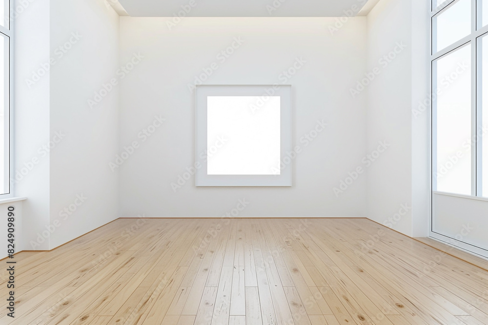 Blank frame in an empty room with a white wall and a beech wood floor. 3D rendered mockup in ultra HD. Blank frame in an empty room with a white wall and a beech wood floor. 3D rendered mockup in ultra HD.