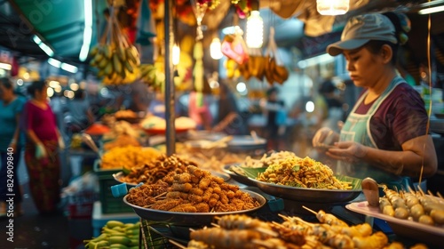 A bustling Thai food market with a vendor preparing spicy fish cakes, with colorful ingredients and traditional decorations in the background photo