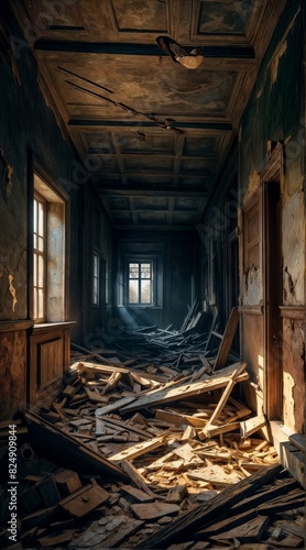 Sunlight streams through windows of a deserted hallway filled with wooden debris during the late afternoon