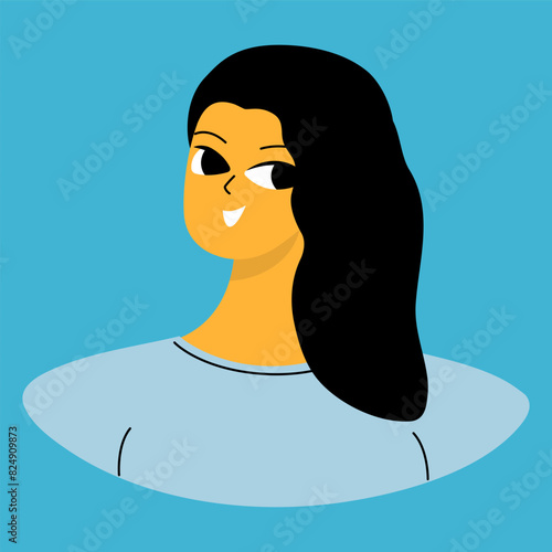 Positive emotions concept. Cartoon cute girlish face. Woman with happy smile. Isolated vector character.