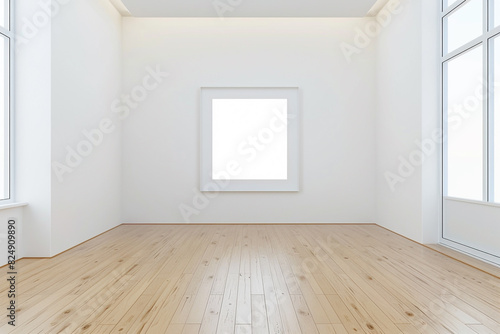 Blank frame in an empty room with a white wall and a beech wood floor. 3D rendered mockup in ultra HD.