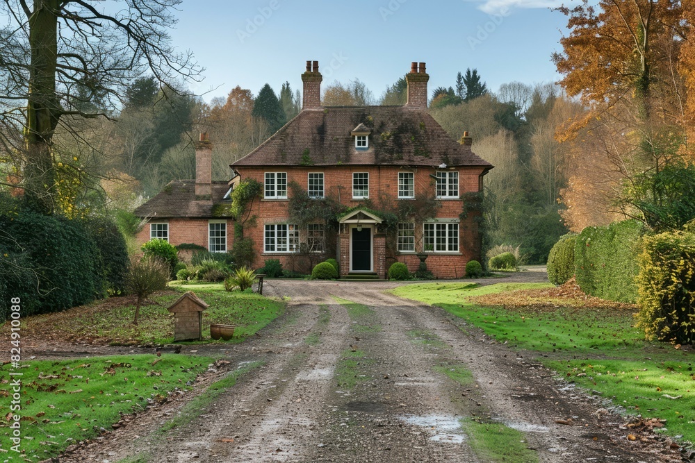 Elegant Country House with Long Driveway in Autumn