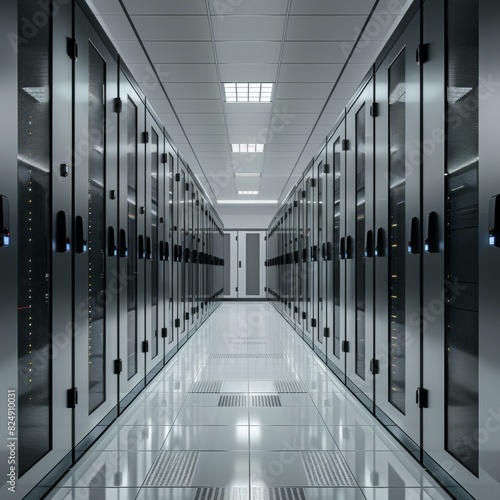 Futuristic technology data center with rows of server racks