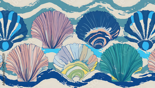 Colorful pearl shells with continuous one line style on digital art concept.