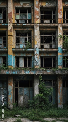 An abandoned building with broken windows, overtaken by vines growing out of the windows