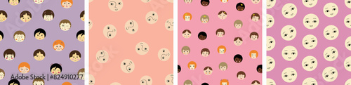 Four surface patterns bundle, attractive girlish faces. Creative seamless backdrop, feminine image, stylish repeating design.